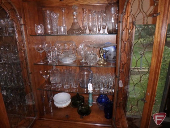 Glassware, vases, cake plate, candy dishes, glasses, flutes, cordials, some painted,