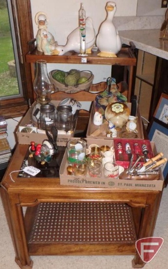 Wood wine rack, 33inHx26inWx12inD, Wood/glass/rattan 26in square end table, Hamms glasses,