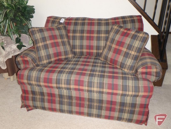 Greene Brothers plaid loveseat with sleeper and matching throw pillows