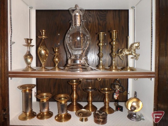 Meta/brass items, candle holders, tea server in metal warming stand, platters, fondue pots,