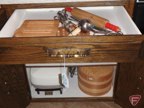 Kitchen utensils, wood trivets, Bamix of Switzerland wand mixer, West Bend electric wok,