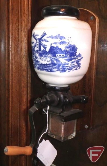 Blue/White wall mount coffee grinder, Danube Farmers Elevator Co advertising bowl,