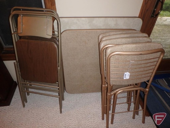 (2) folding card tables and (7) folding metal chairs with covered seats