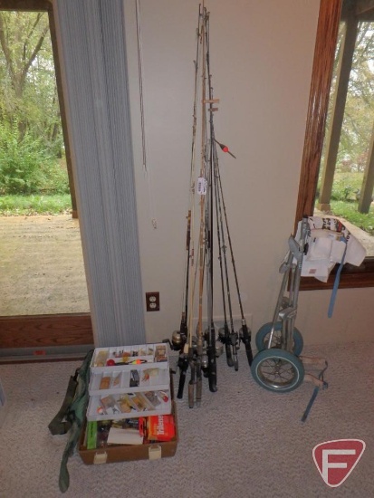 (13) fishing rods, (11) fishing reels, tackle box with tackle, fish shaped bag, Ajay PlayMate golf