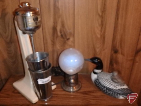 Hamilton Beach No 18 malt machine with cups, metal/glass gumball dispenser, and ceramic loon