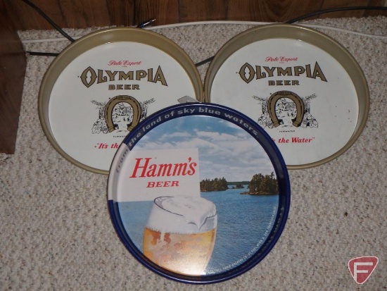 Hamms Beer and Olympia Beer metal bar trays. 3 pieces
