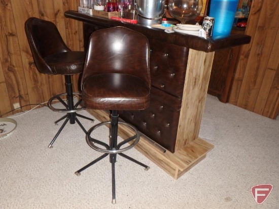 Bar and (2) vinyl upholstered swivel stools, Bar is 40inx64inWx18inD, Bar and stools only.