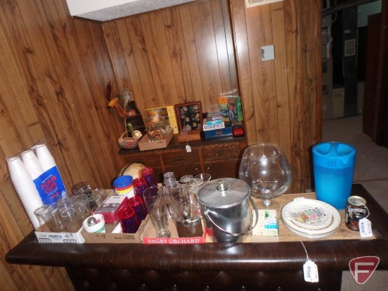 Bar accessories, ice bucket, pitcher, glasses, plastic cups, stirrers, openers, shaker,