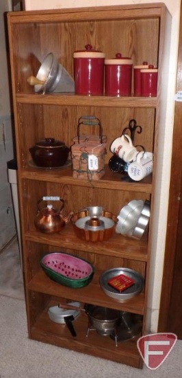 Wood book shelf with 4 adjustable shelves, 72inHx28inWx12inD, canister set, cone funnel,
