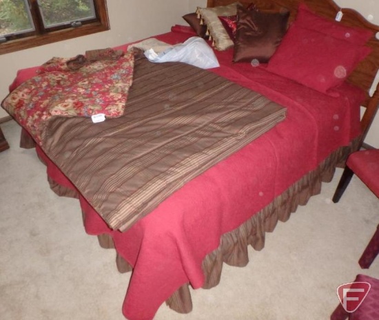 Bedding, comforter, linens, throw pillows, bedspread, bed skirt. All on bed. Bedding fits on lot #3