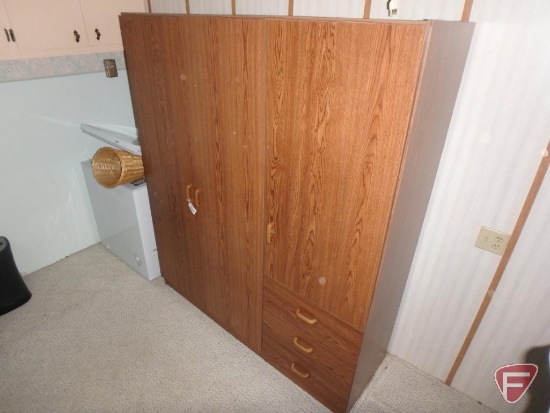 Pressed wood 2 door wardrobe with side cabinet storage, with adjustable shelves, and 3 drawers,