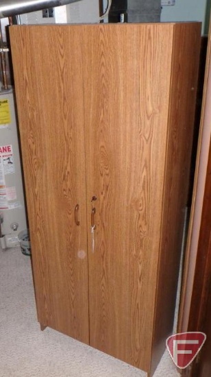 Pressed wood storage cabinet, 2 door with lock, has keys, 6 adjustable shelves