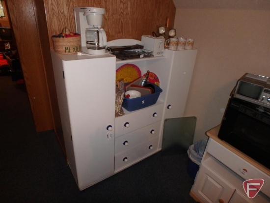 White pressed wood cabinet with two doors and 3 drawers 52inHx53inWx15inD, toaster, mugs,