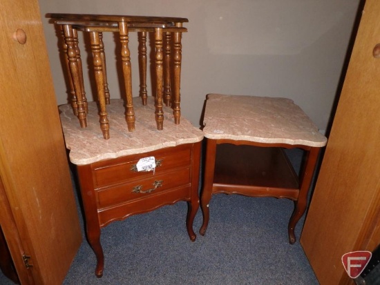 (2) wood end tables with marble top, sofa table with marble inlay, 2 drawers, 22inHx52inWx17inD,