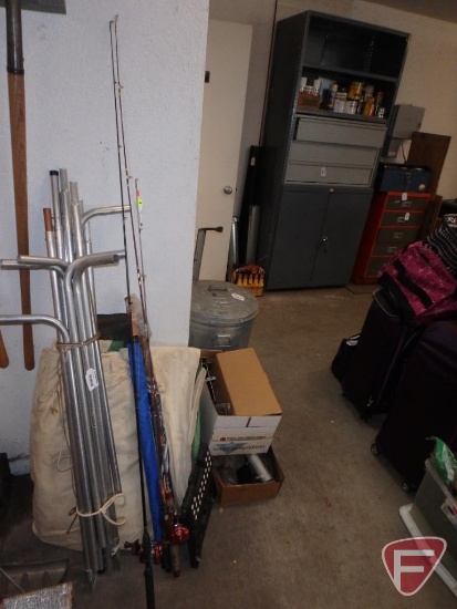 (3) fishing rods with reels, tent, umbrellas, folding step stool, outdoor rug.