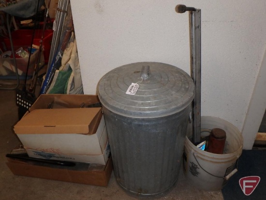 Metal garbage can, sweeping compound, shelf brackets, floor jacks, stove pipe, black paper,