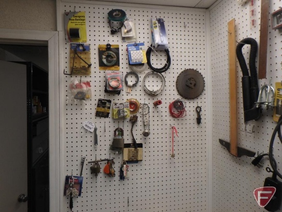 Hardware, hand tools, level, work lights, saws, painting supplies, wire brushes.
