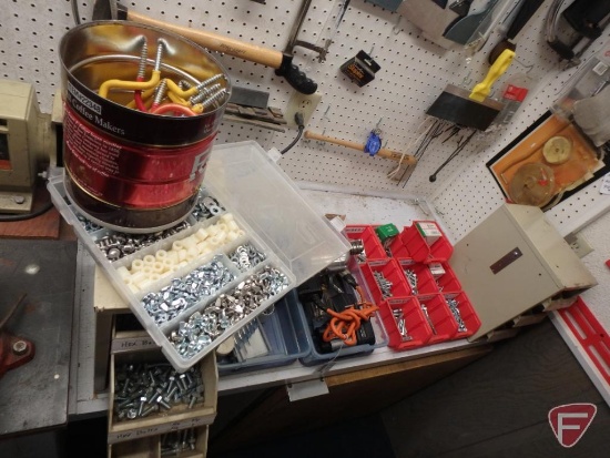 Hardware, organizer bins, Black and Decker 14in drill, Black and Decker cordless screwdriver,