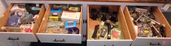 Peg board hooks, hardware, pocket knives, Sony Walkman, audio splitters, mitre box, plane,
