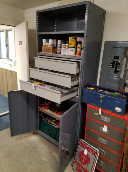Edsal metal cabinet, 2 shelves, 3 drawers, and 2 doors, locking with keys, 85inHx36inWx19inD,