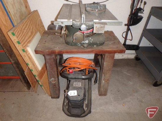 Shopmaster table saw mounted on wood bench, and American IMC Powr Profile air compressor,
