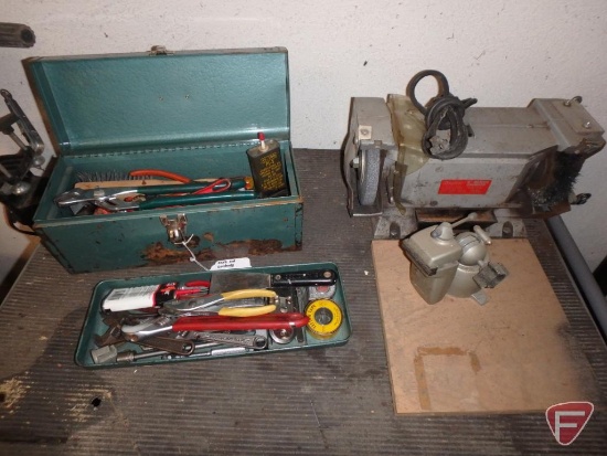 Metal cart on wheels, 32inHx36inWx25inD, metal tool box with hand tools, Dayton 6in Bench