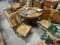 Vintage wood 45in round pedestal table on wheels, (4) 10-in leaves, (4) matching chairs.