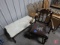 Wood coffee table with marble top, 44inL, vintage wood chair, needs repair, parts included, and