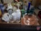 Pink depression glass platter and bowl, white glass vases and covered dishes, glass/porcelain