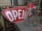 Wood signs, one Open, one Open/Closed, glass jar butter churn. 3 pieces