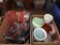 Metal mixing bowls, Pyrex 8cup measuring, pie tins, graters, and ceramic/porcelain vases.