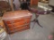 Wood 4 drawer chest, crack on top, 25inHx24inWx12inD, and 26in round occasional table