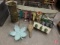 Metal planter, 48inLx7inD, umbrella stand, bellow and other metal decorative items.