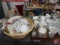 Cups and saucers, mugs, candle holders, decorative plates. Contents of box and basket
