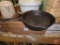 Cast iron No 5 fry pan, enamel coffee pot, enamel pot with cover, fruit baskets.