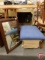Wood stool, wood gliding ottoman with upholstered/cushion top, and wood framed wall mirror.