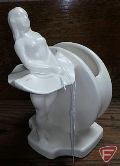 Art deco ballerina planter and other vase. Oil hurricane lamp. Chaska, MN custard glass. 4 pieces.
