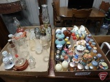 Assortment of salt/pepper shakers. Oil lamps. Glass salt cellars.