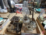 Glass oil lamp, oil lamp bottoms, metal vintage lantern, apple corer/peeler, vintage grinder,