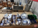 Blue/White Holland themed items, some Delft, canisters, figurines, toothpick holders, salt/pepper,