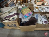 Quilt, comforter, throw rugs, linens, wine bag. Contents of 3 boxes plus quilt