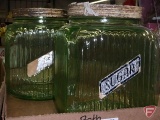 Green glass, canisters, shakers and juicer. Contents of 2 boxes