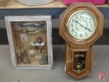 Regulator chiming wall clock 24inH, (2) wood display shelves, and wood shadow box fishing