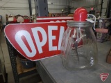 Wood signs, one Open, one Open/Closed, glass jar butter churn. 3 pieces