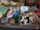 Trinket boxes, assorted sizes, vases, mirrored tray, porcelain perfume bottles.