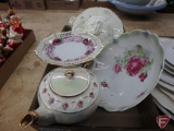Ceramic/porcelain dishware with rose pattern, not all matching, tea pots, plates, platter, bowls