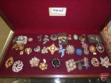 Brooches, pins, earrings, ring, bracelets, some vintage, in wood display box