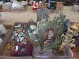 Solid brass candle holder, metal easels, picture frame and framed mirror, trinket boxes, and