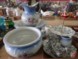 Ceramic/porcelain chamber pot, bowl and pitcher, and vase, matching, Lefton China creamer,