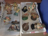 Vintage cast iron door stops/book ends, some matching. Contents of both plastic trays